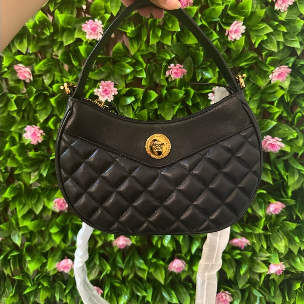Versace nappa Medusa quilted black leather half moon hobo crossbody shoulder bag